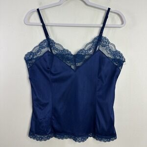 Vintage Bari Satin Lace Cami Tank Top Womens‎ Size Large Blue Romantic Y2K USA